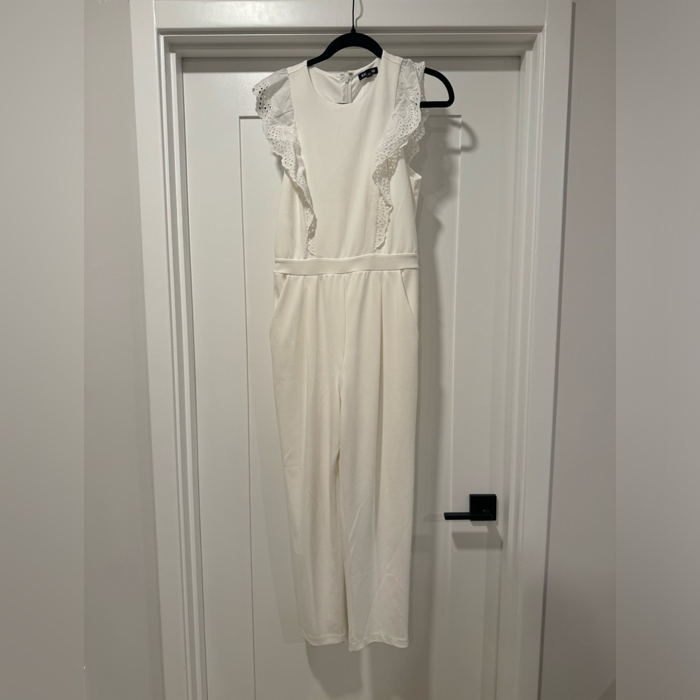 Express White Ruffle Lace Jumpsuit